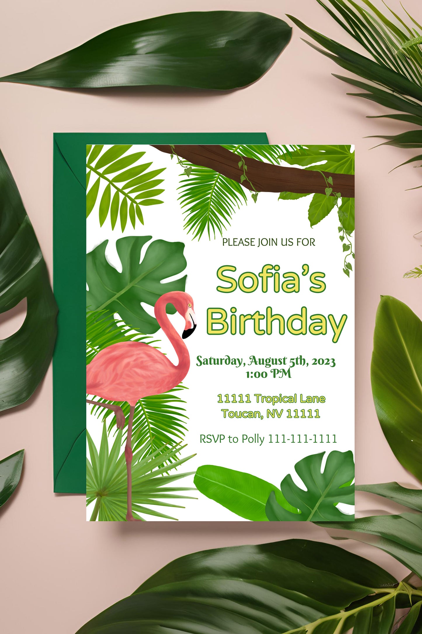 Flamingo Party Invitation | Jungle | Digital Party Invite | Birthday| Shower| Tropical Birds | Birthday| Luau | Flamingo | Leaves