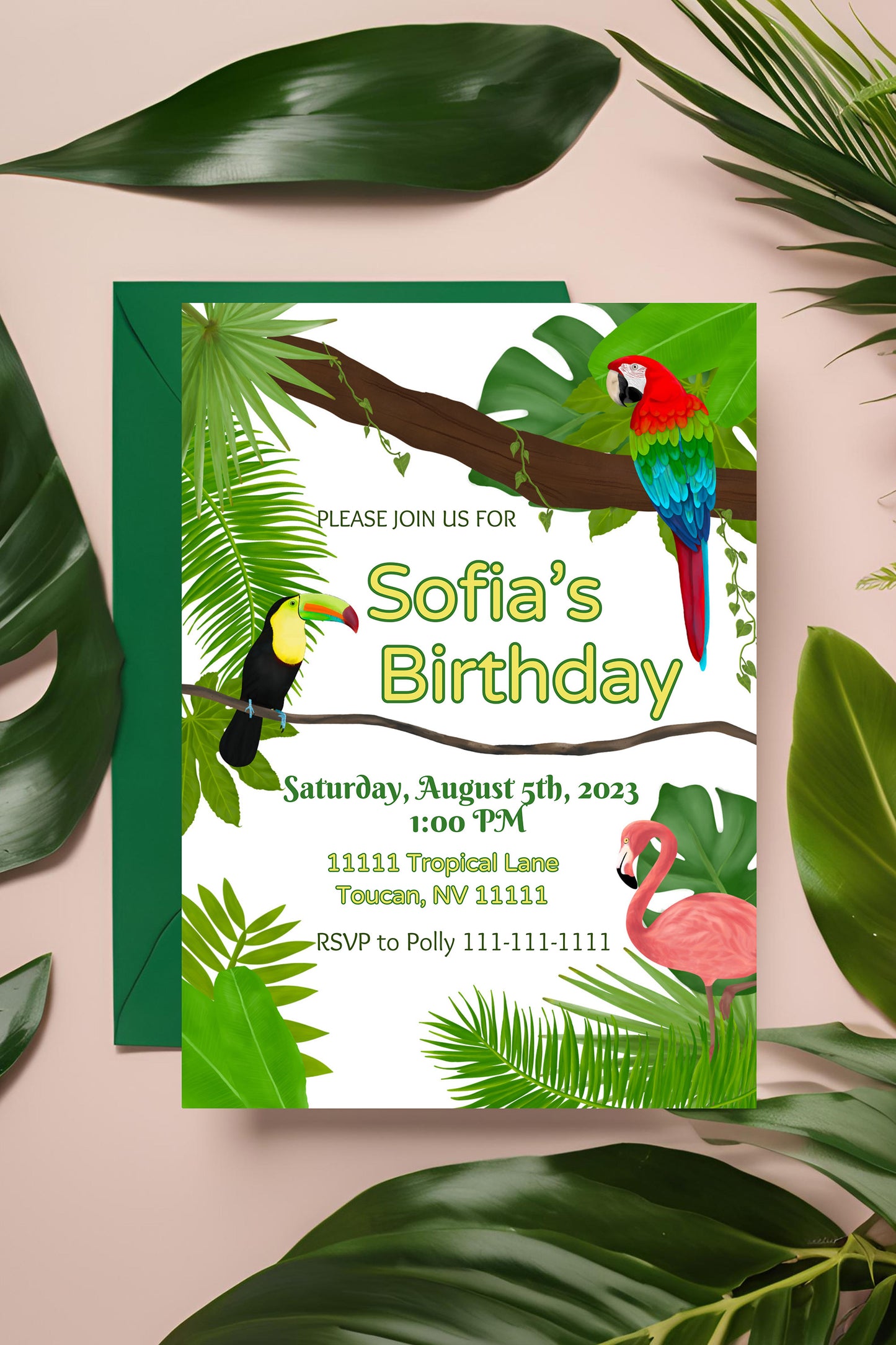 Tropical Bird Invitation | Jungle | Luau | Digital Party Invite |Toucan | Birthday| Shower| Parrot| Flamingo Party| Rainforest Birds| Leaves