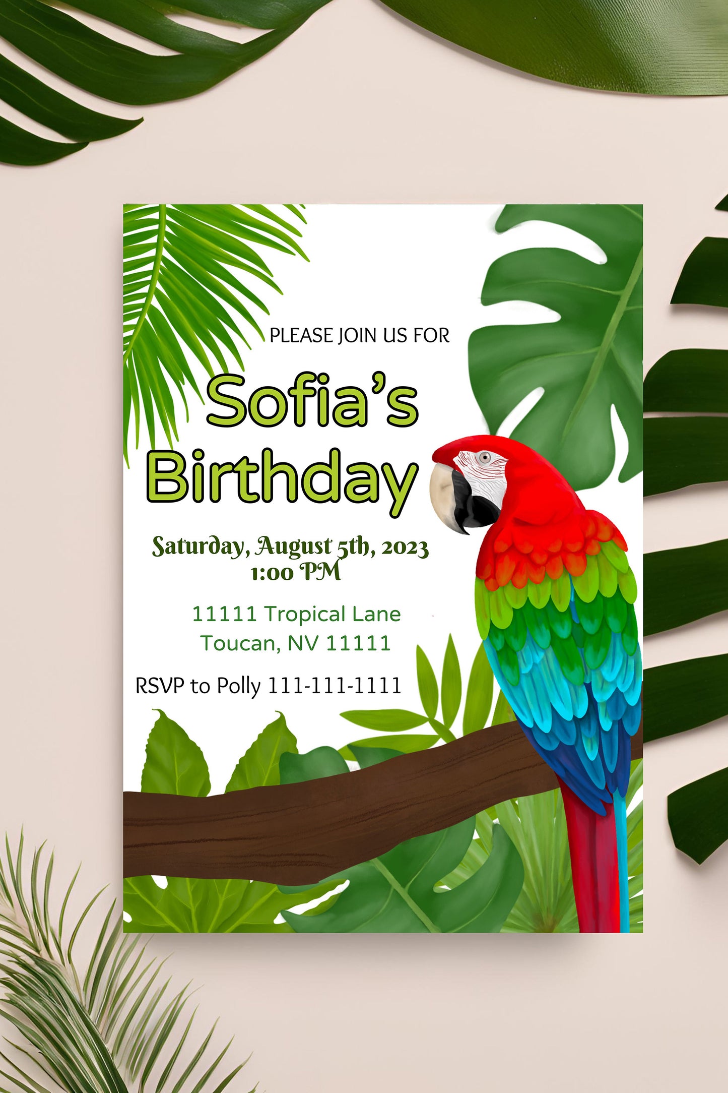 Parrot Party Invitation | Rainforest | Digital Party Invite | Birthday| Shower| Tropical Birds | Parrot Birthday| Luau | Jungle | Leaves