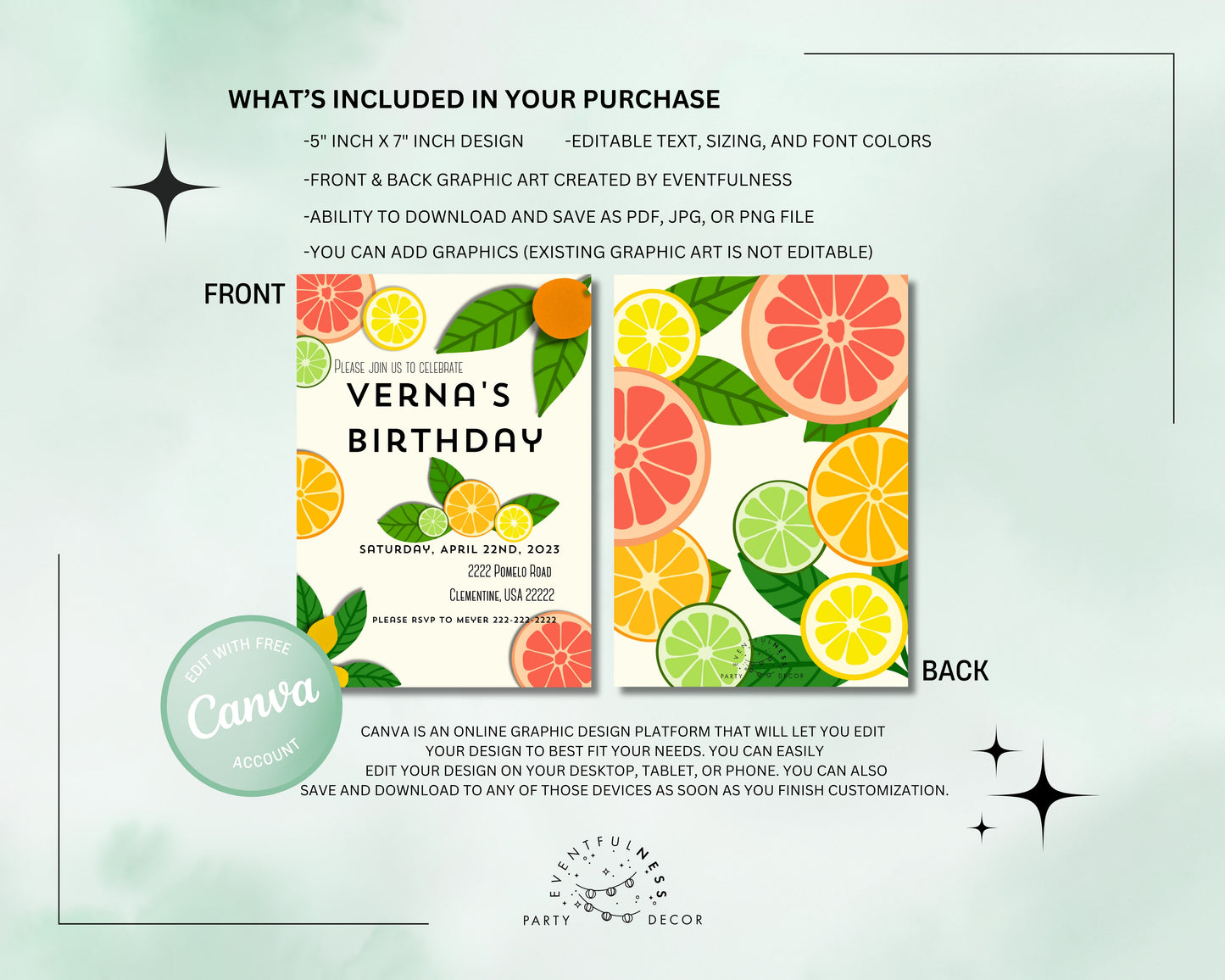 Citrus Party Invitation | Lemons | Party Invite | Lime | Digital Invite | Editable | Birthday Invite | Oranges | Grapefruit | Lemon Party