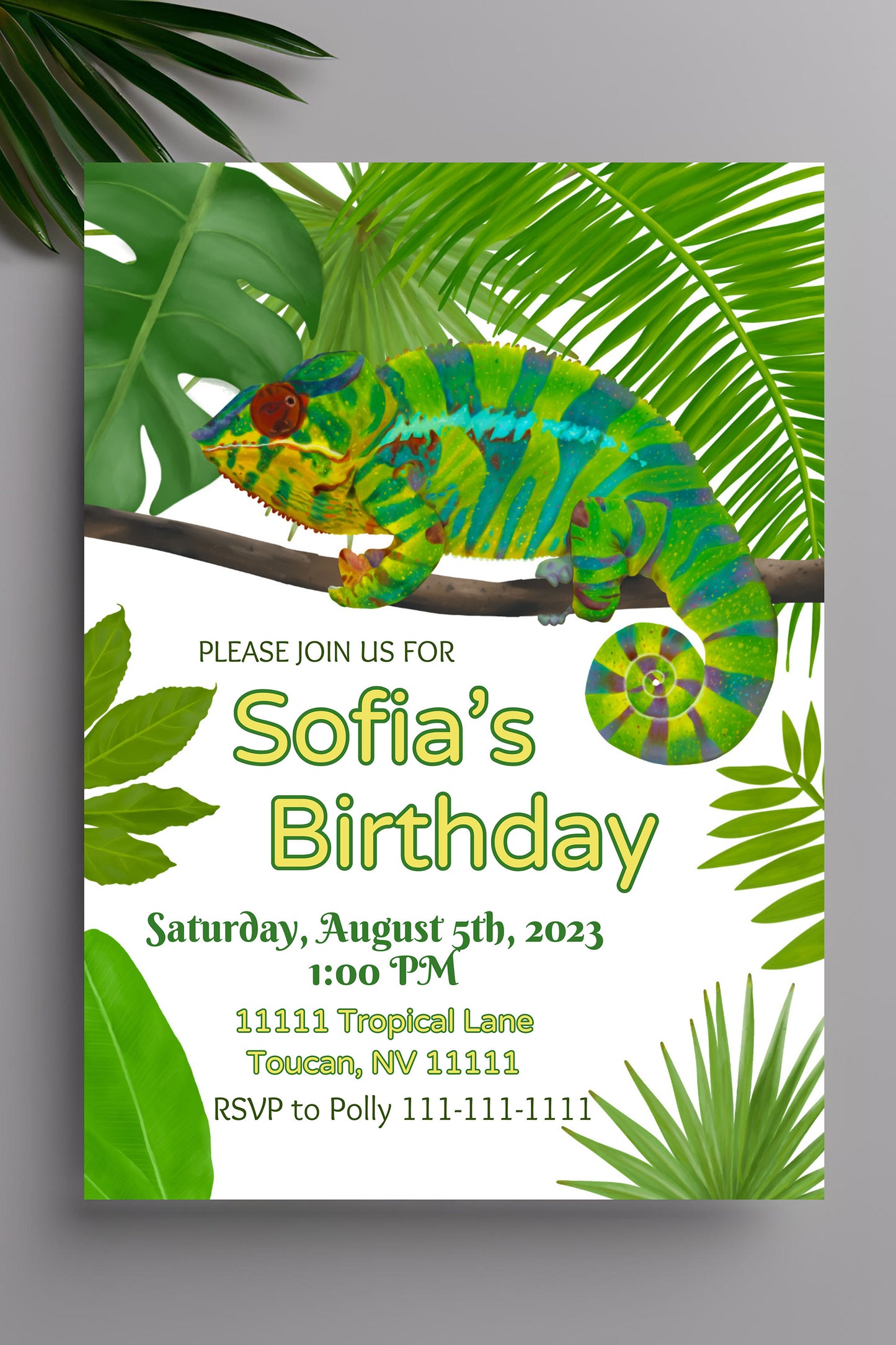 Chameleon Party Invitation | Rainforest | Digital Party Invite | Birthday| Shower| Tropical Animals | Birthday| Luau | Jungle | Leaves