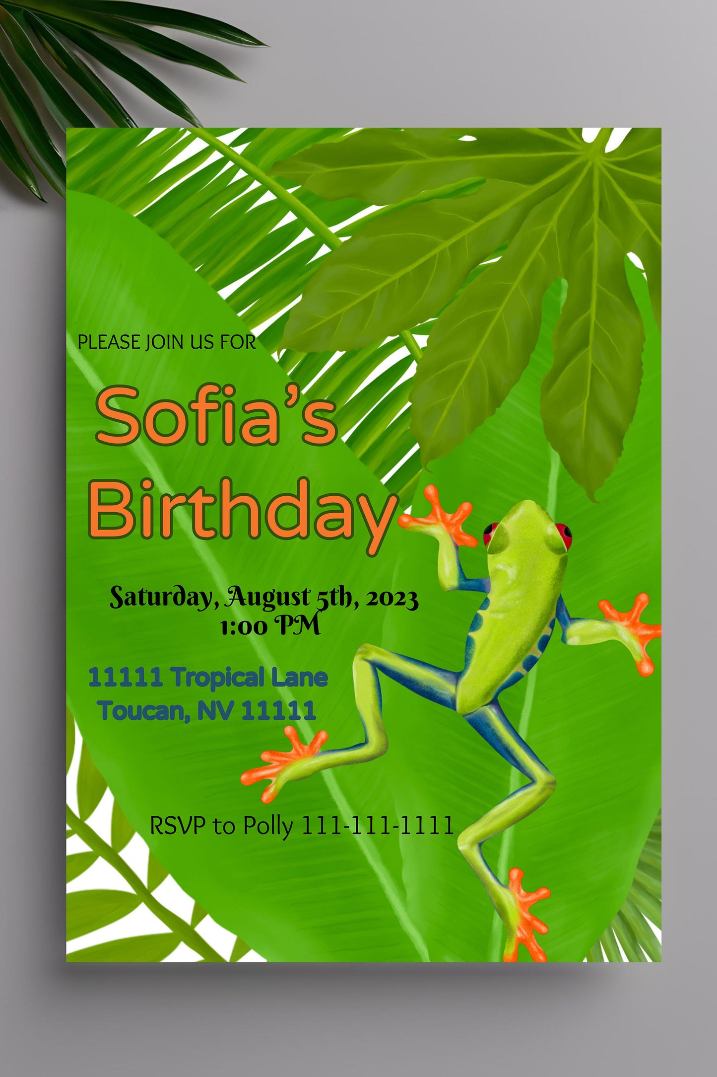 Frog Party Invitation | Jungle | Digital Party Invite | Birthday| Shower| Tropical Creatures | Birthday| Luau | Frog | Leaves| Boys Birthday