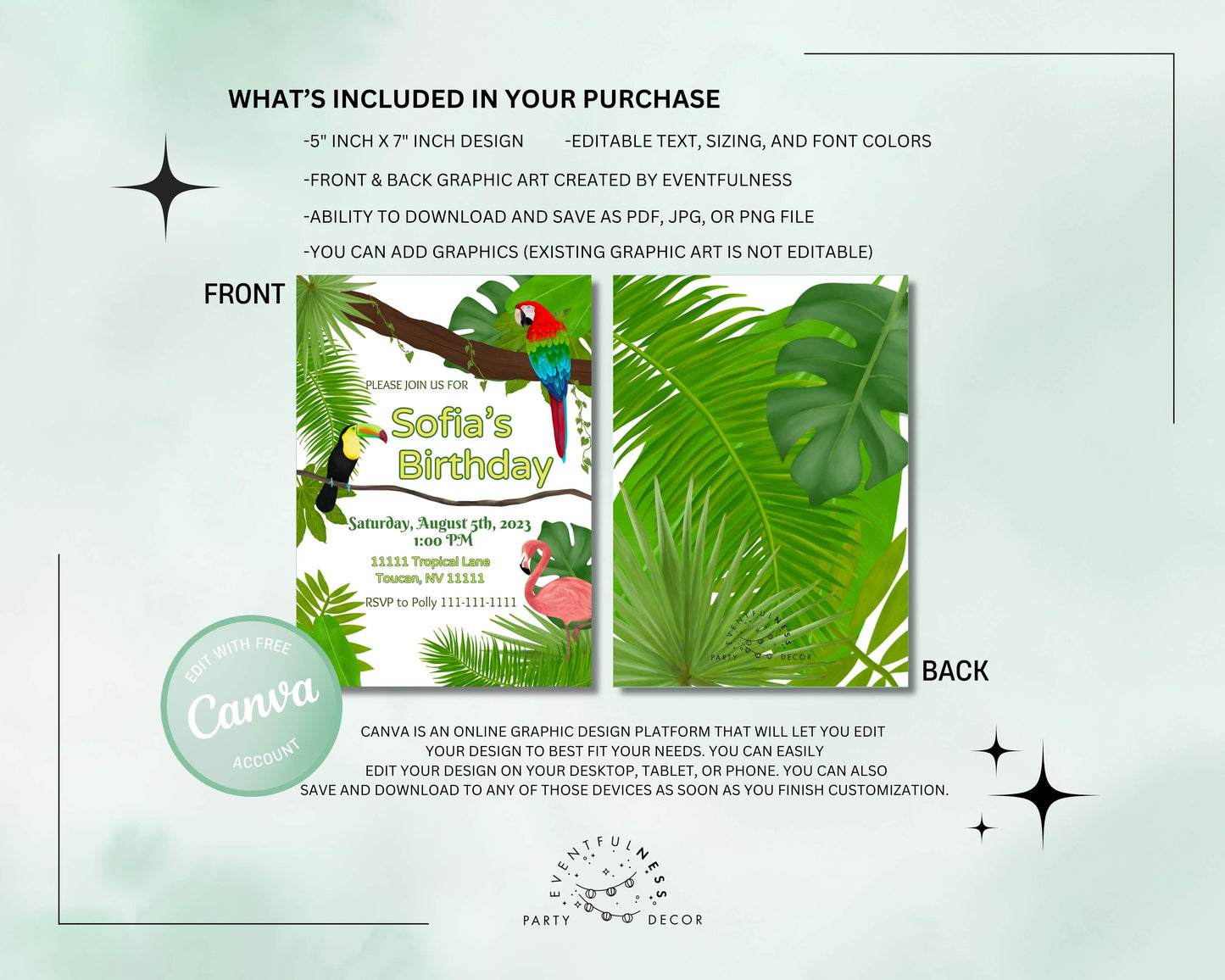 Tropical Bird Invitation | Jungle | Luau | Digital Party Invite |Toucan | Birthday| Shower| Parrot| Flamingo Party| Rainforest Birds| Leaves