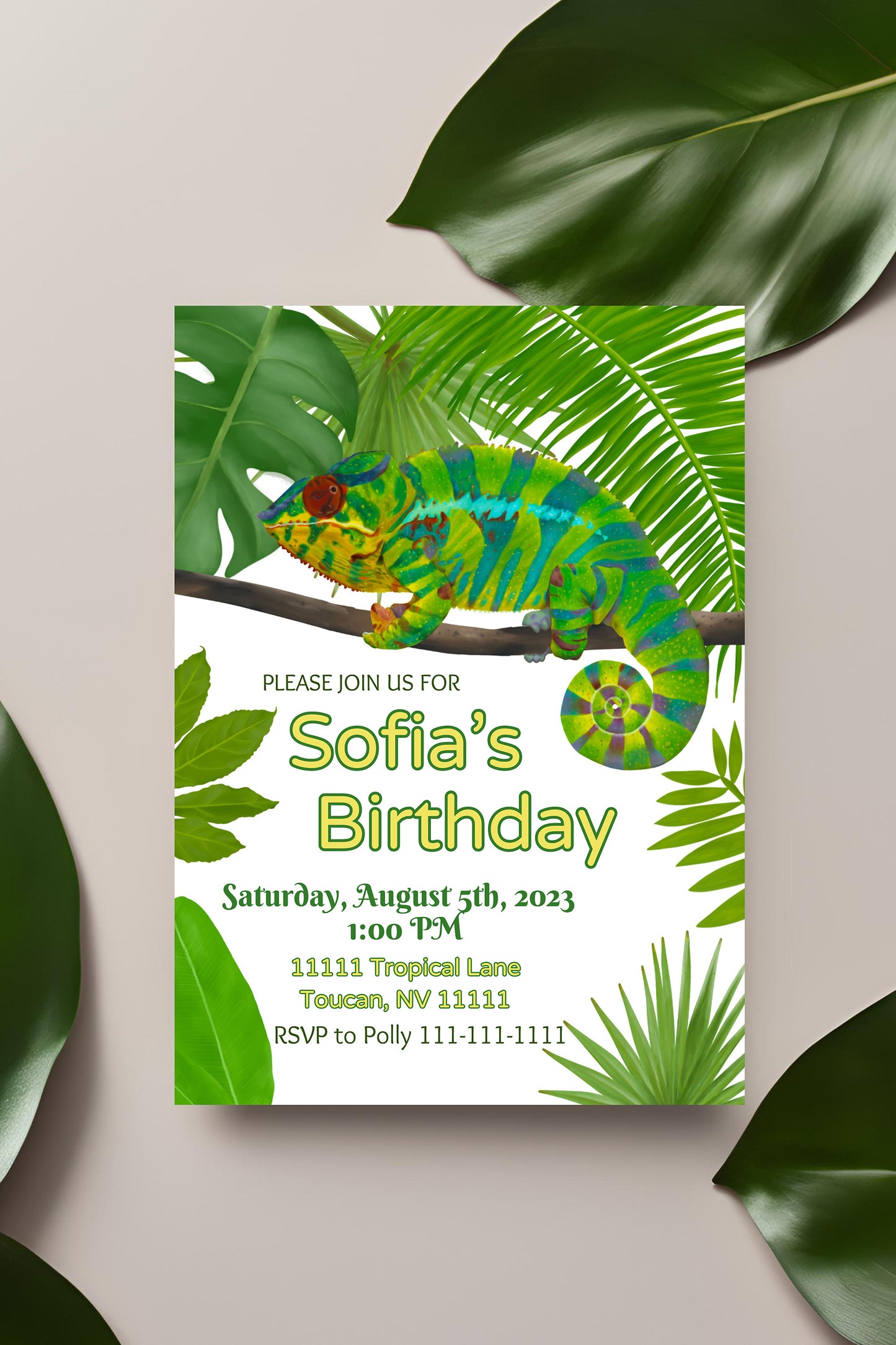 Chameleon Party Invitation | Rainforest | Digital Party Invite | Birthday| Shower| Tropical Animals | Birthday| Luau | Jungle | Leaves