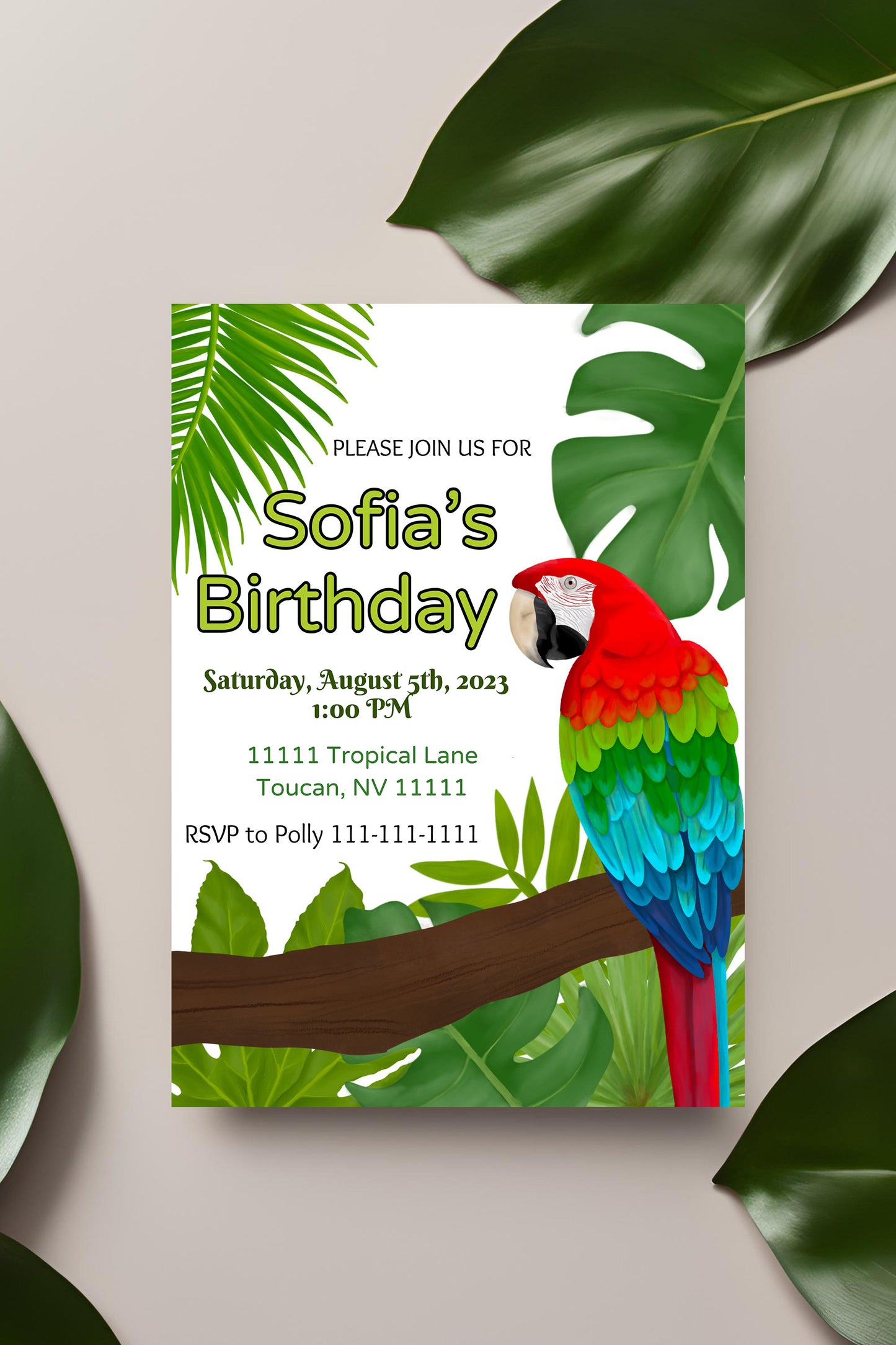 Parrot Party Invitation | Rainforest | Digital Party Invite | Birthday| Shower| Tropical Birds | Parrot Birthday| Luau | Jungle | Leaves