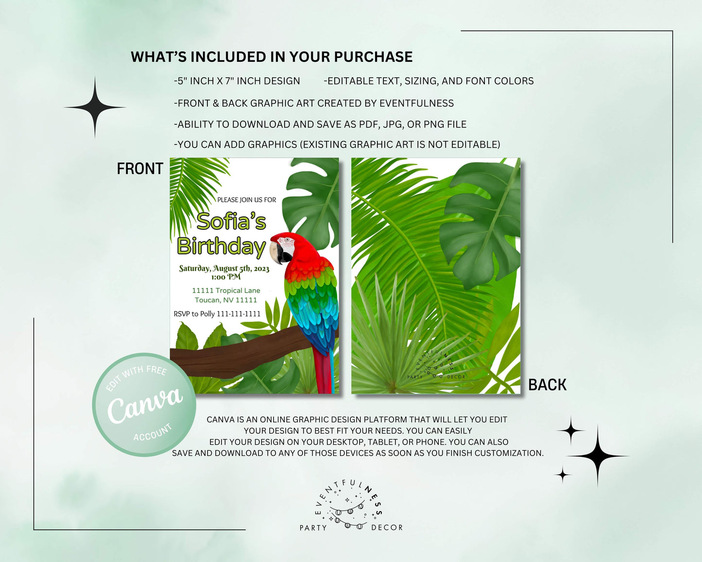 Parrot Party Invitation | Rainforest | Digital Party Invite | Birthday| Shower| Tropical Birds | Parrot Birthday| Luau | Jungle | Leaves