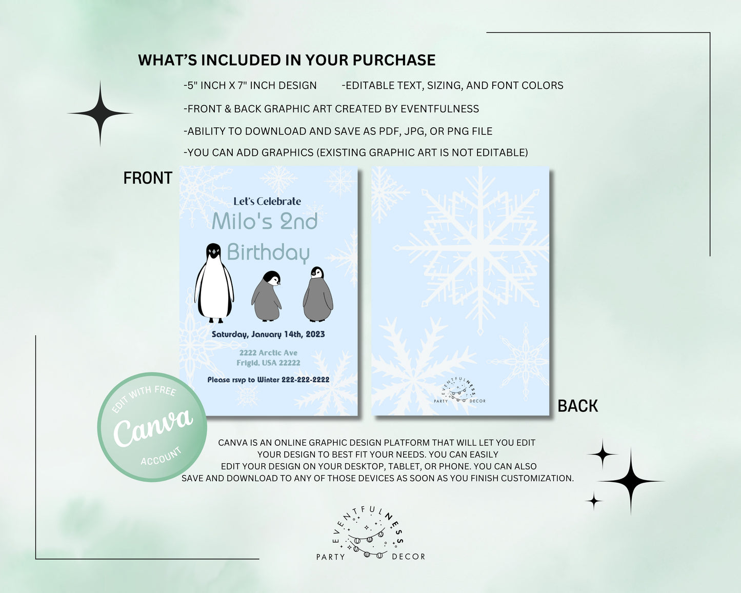 Blue Penguin Party Invitation | Penguin Party | Penguin Birthday | Penguin Baby Shower | Winter Party | Snowflakes