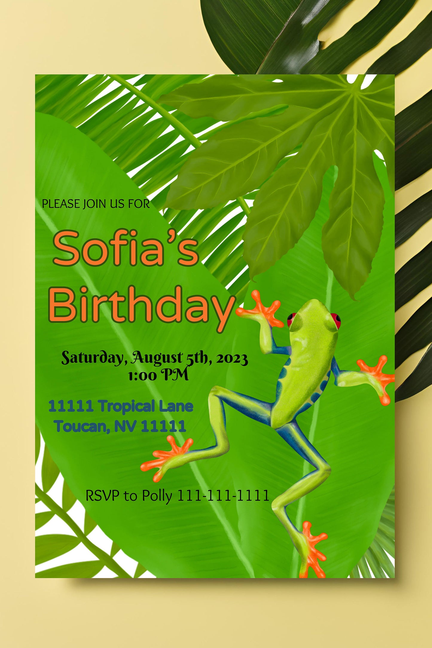 Frog Party Invitation | Jungle | Digital Party Invite | Birthday| Shower| Tropical Creatures | Birthday| Luau | Frog | Leaves| Boys Birthday