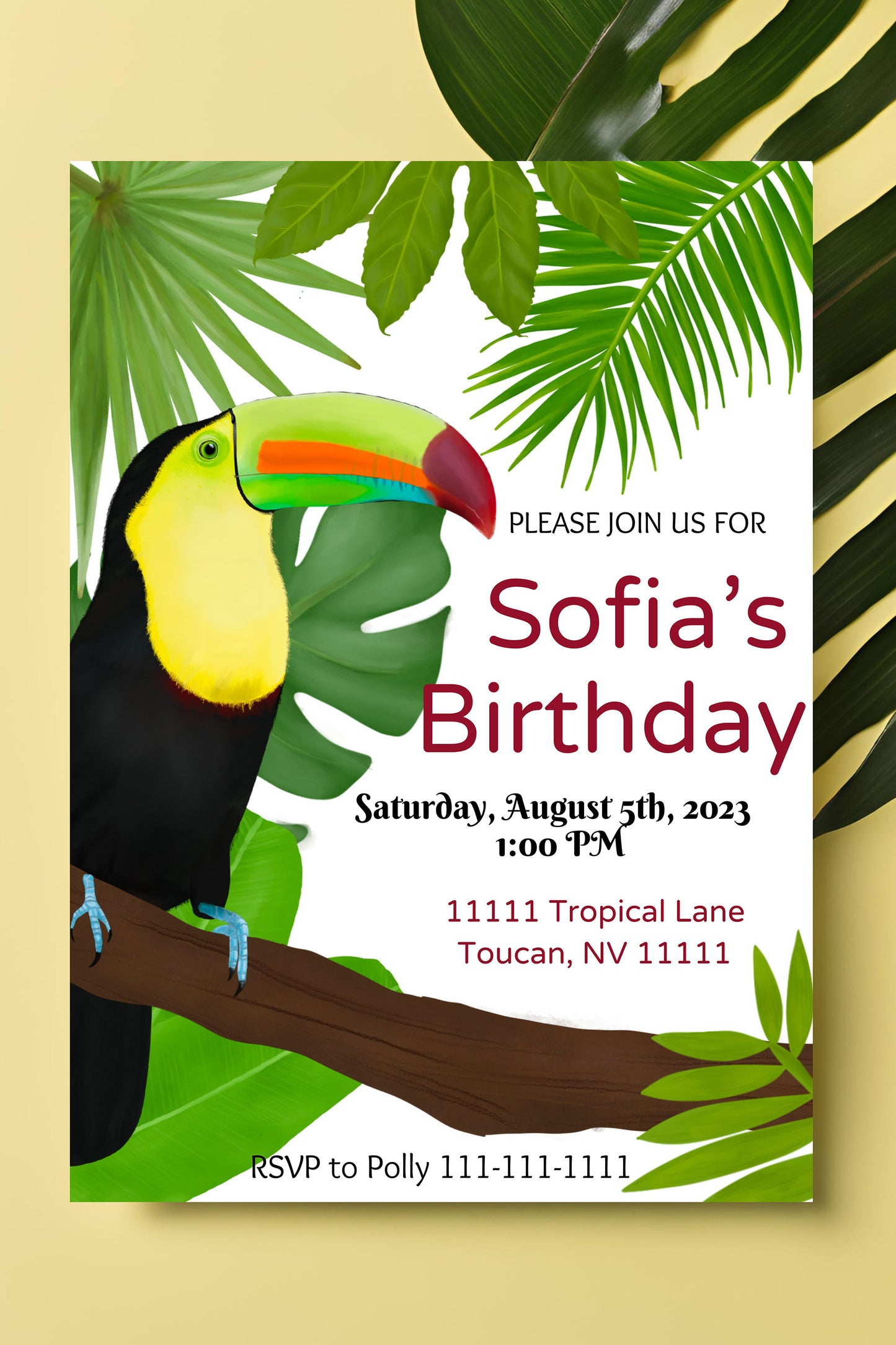 Toucan Party Invitation | Jungle | Digital Party Invite | Birthday| Shower| Tropical Birds | Birthday| Luau | Toucan | Leaves| Rainforest