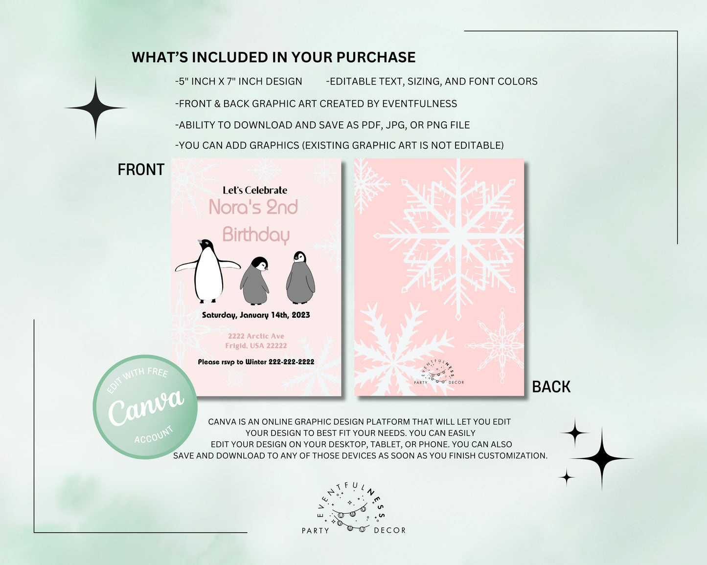 Pink Penguin Party Invitation | Penguin Party | Penguin Birthday | Penguin Baby Shower | Winter Party | Snowflakes