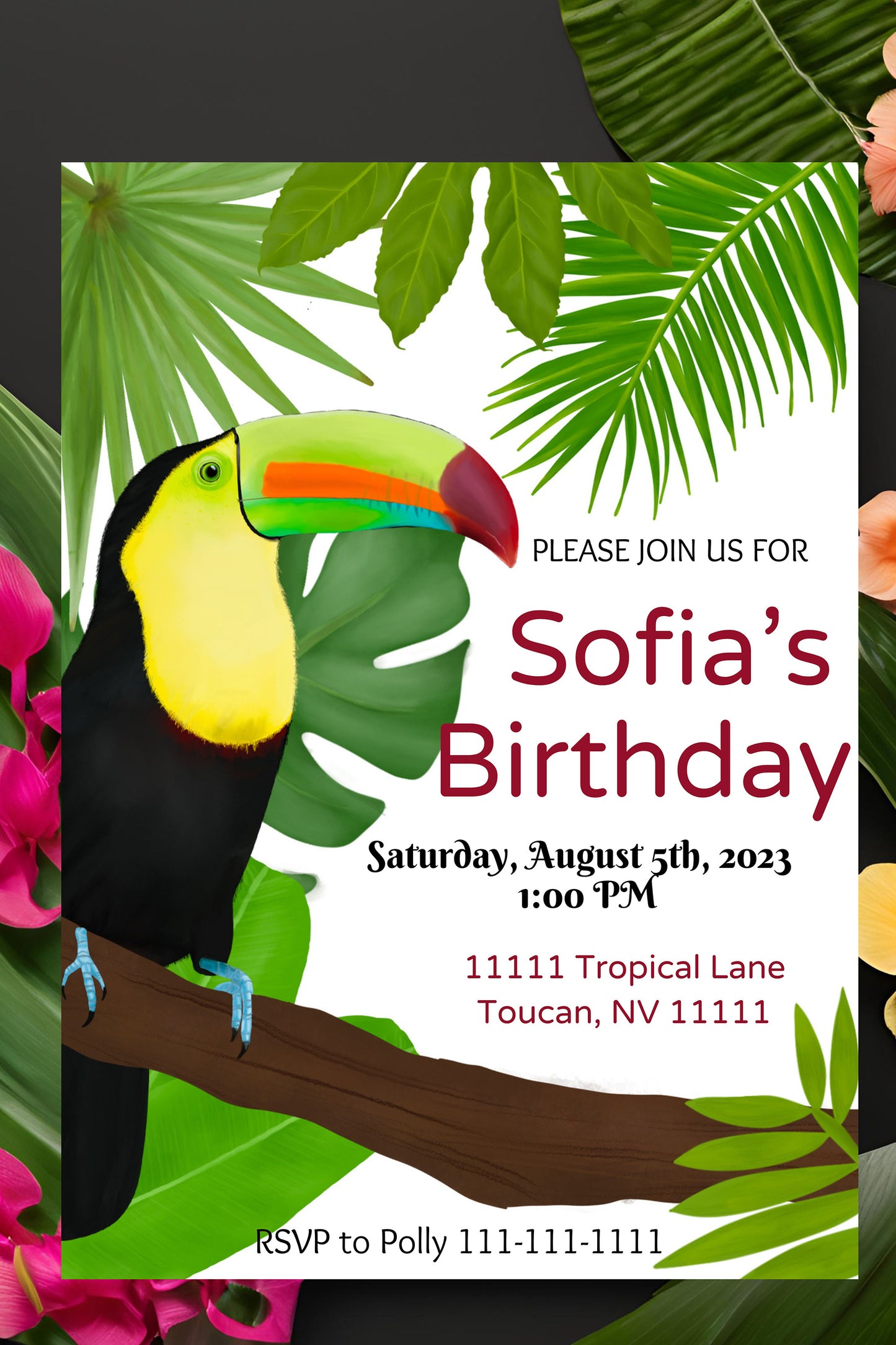 Toucan Party Invitation | Jungle | Digital Party Invite | Birthday| Shower| Tropical Birds | Birthday| Luau | Toucan | Leaves| Rainforest