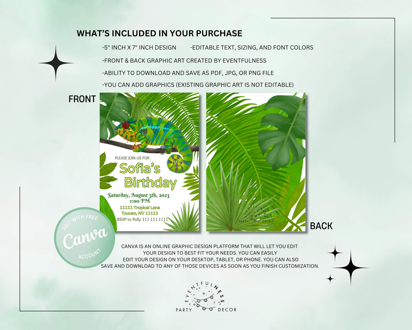 Chameleon Party Invitation | Rainforest | Digital Party Invite | Birthday| Shower| Tropical Animals | Birthday| Luau | Jungle | Leaves