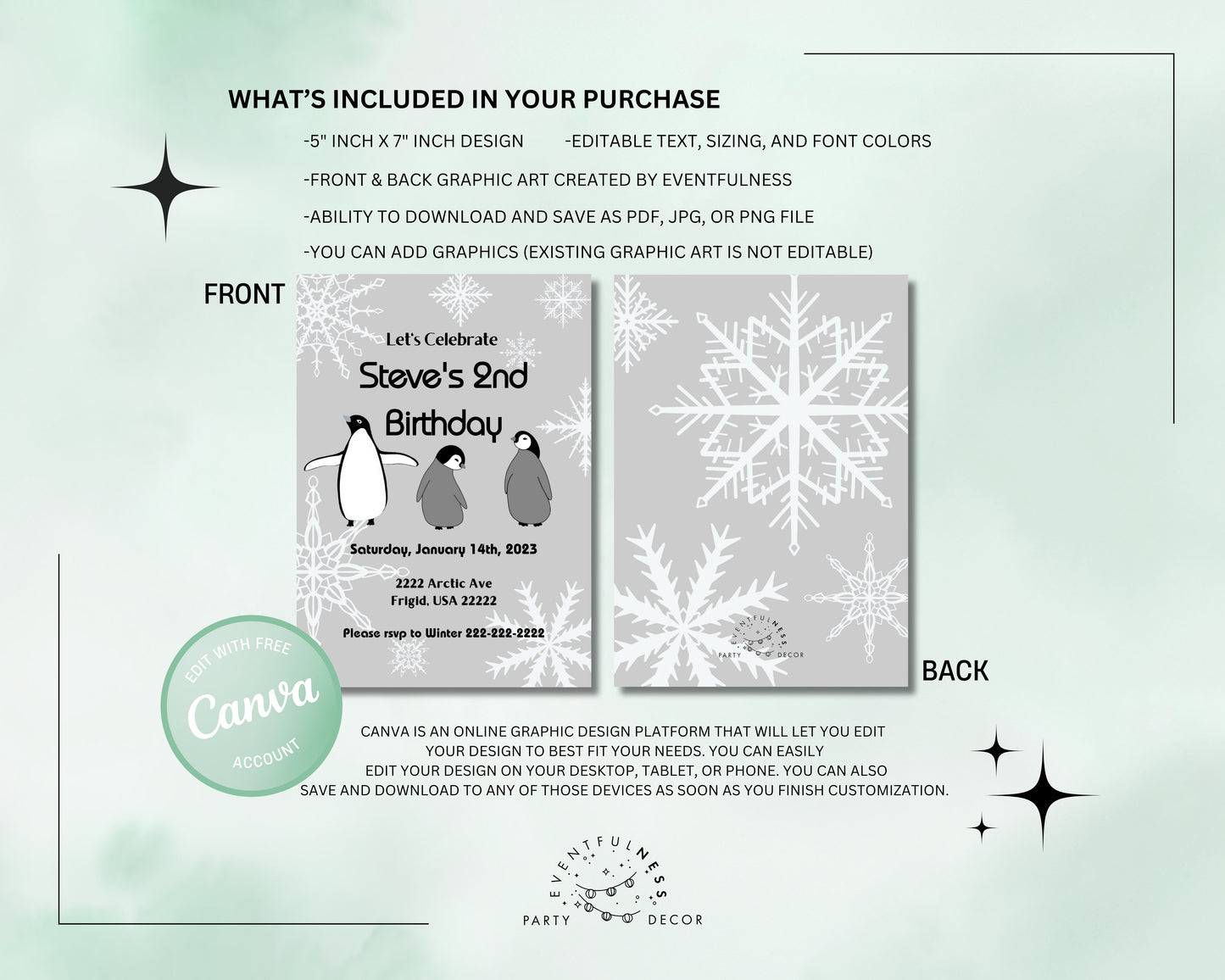 Grey Penguin Party Invitation | Penguin Party | Penguin Birthday | Penguin Baby Shower | Winter Party | Snowflakes