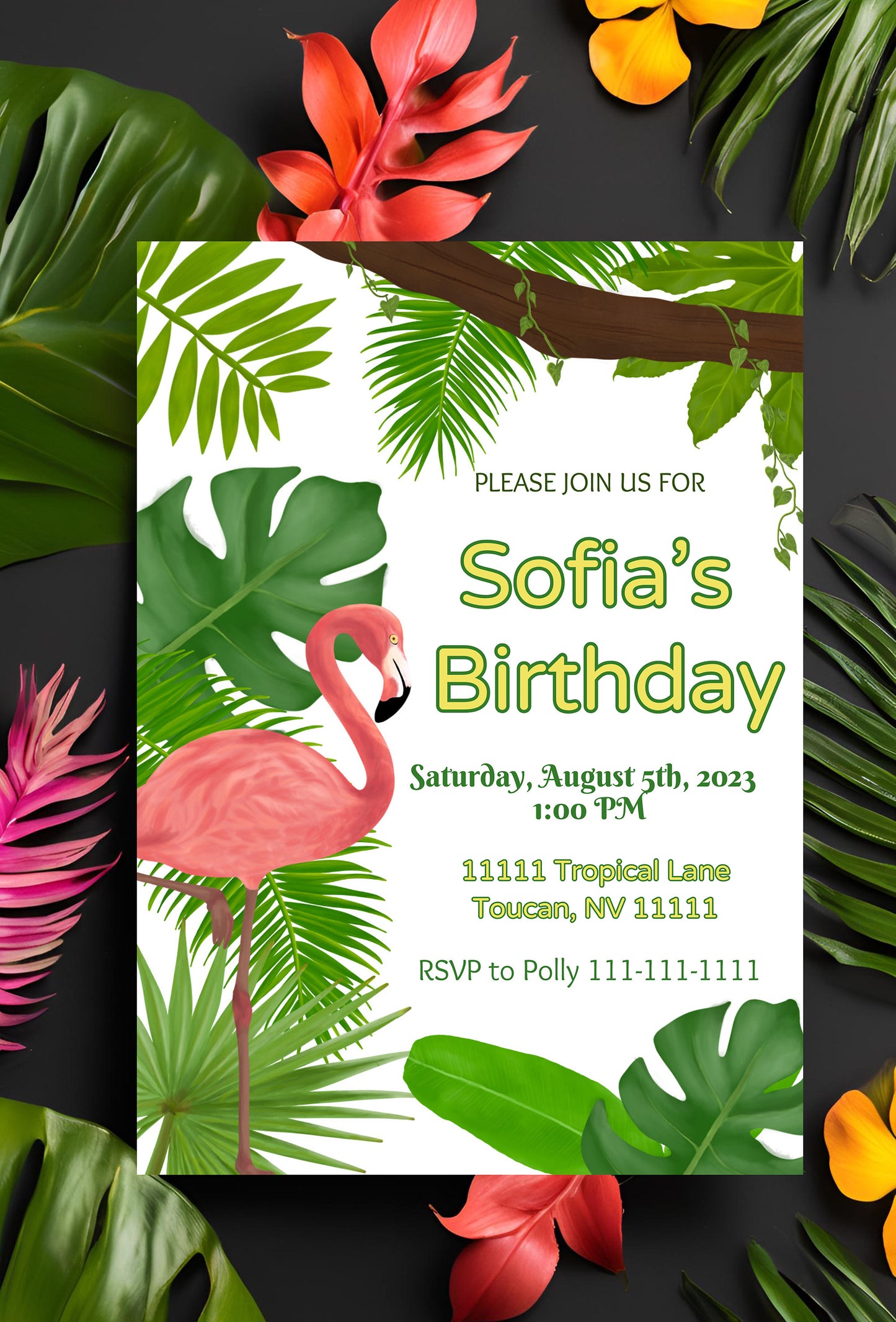 Flamingo Party Invitation | Jungle | Digital Party Invite | Birthday| Shower| Tropical Birds | Birthday| Luau | Flamingo | Leaves