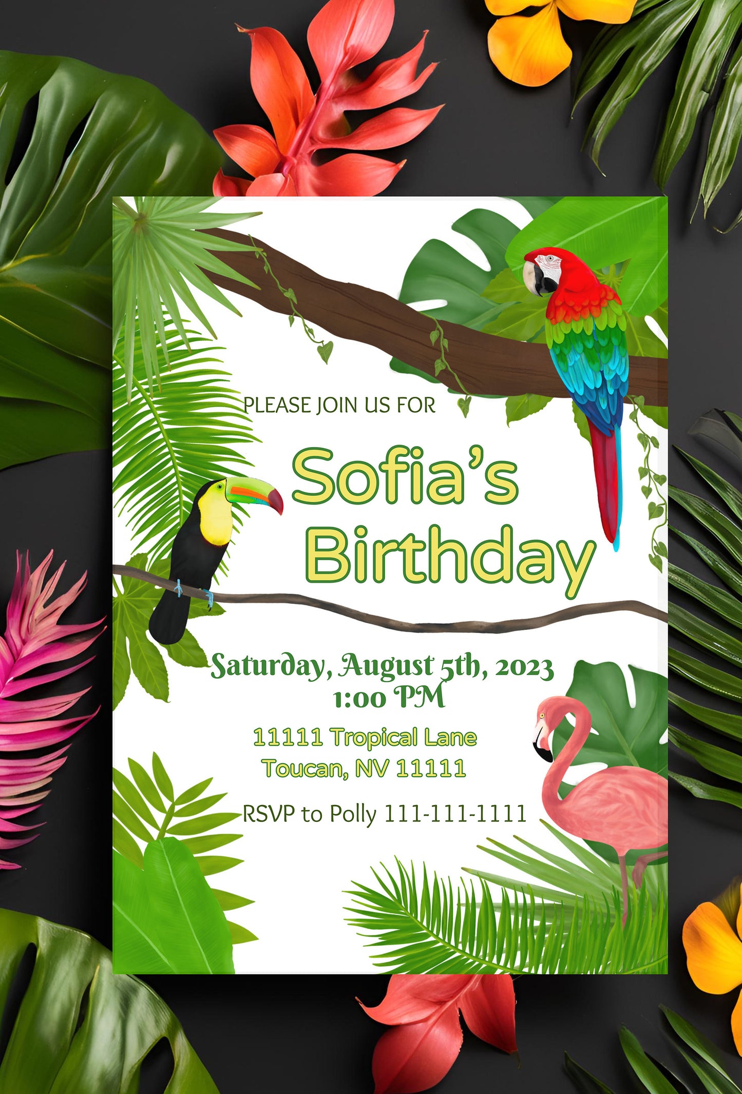 Tropical Bird Invitation | Jungle | Luau | Digital Party Invite |Toucan | Birthday| Shower| Parrot| Flamingo Party| Rainforest Birds| Leaves