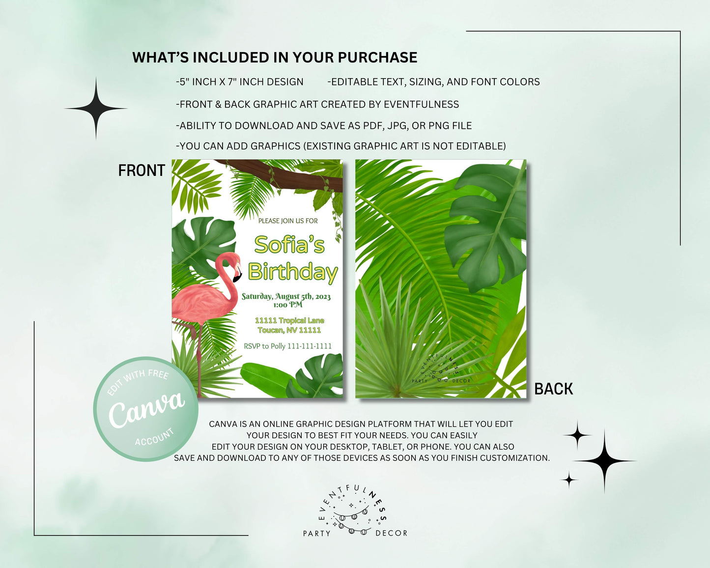 Flamingo Party Invitation | Jungle | Digital Party Invite | Birthday| Shower| Tropical Birds | Birthday| Luau | Flamingo | Leaves