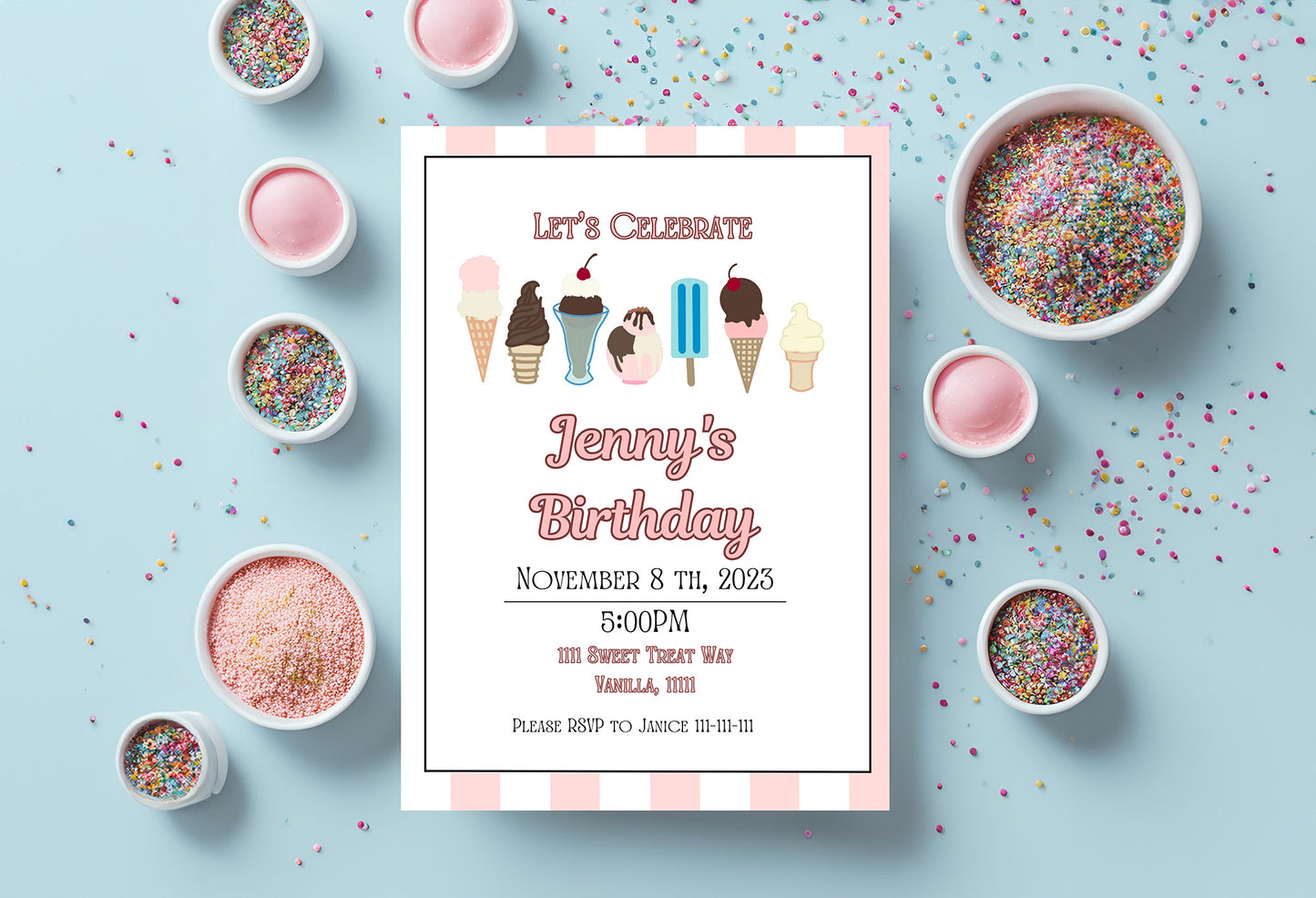 Pink Ice Cream Party Invitation | Ice Cream Party | Sprinkles | Ice Cream Birthday | Ice Cream Invitation