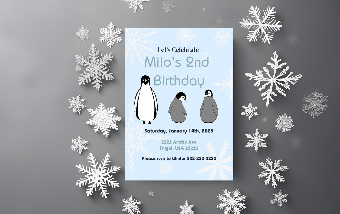 Blue Penguin Party Invitation | Penguin Party | Penguin Birthday | Penguin Baby Shower | Winter Party | Snowflakes