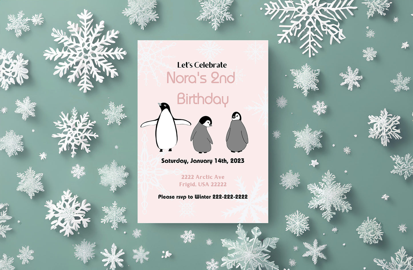 Pink Penguin Party Invitation | Penguin Party | Penguin Birthday | Penguin Baby Shower | Winter Party | Snowflakes