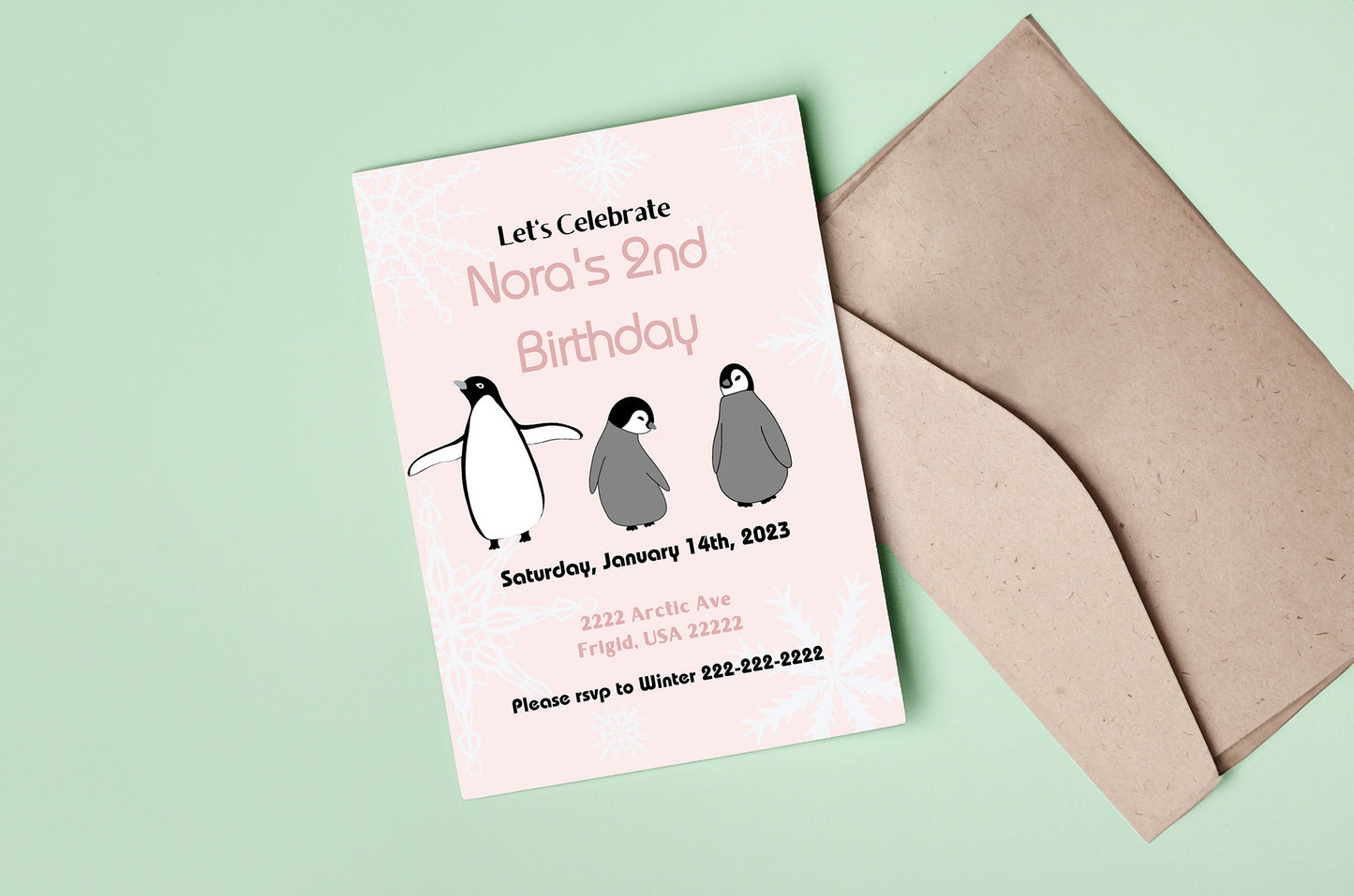 Pink Penguin Party Invitation | Penguin Party | Penguin Birthday | Penguin Baby Shower | Winter Party | Snowflakes