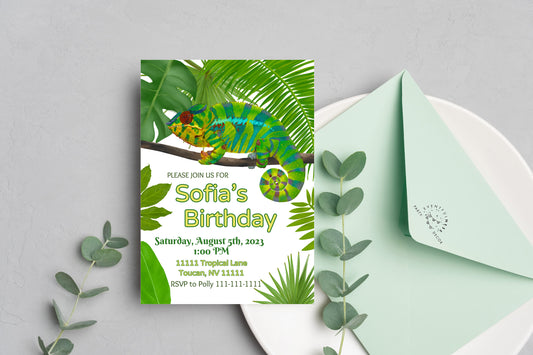 Chameleon Party Invitation | Rainforest | Digital Party Invite | Birthday| Shower| Tropical Animals | Birthday| Luau | Jungle | Leaves