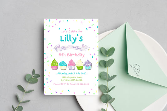 Light Cupcake Party Invitation | Cupcake Invite | Cupcake Birthday | Sprinkles | Cupcake Party