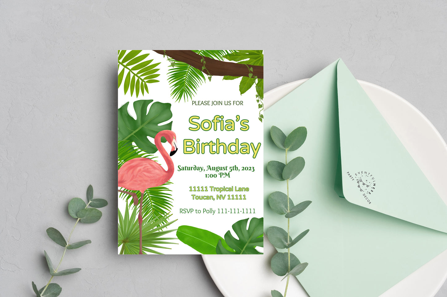 Flamingo Party Invitation | Jungle | Digital Party Invite | Birthday| Shower| Tropical Birds | Birthday| Luau | Flamingo | Leaves