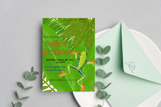 Frog Party Invitation | Jungle | Digital Party Invite | Birthday| Shower| Tropical Creatures | Birthday| Luau | Frog | Leaves| Boys Birthday