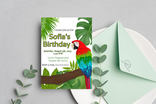 Parrot Party Invitation | Rainforest | Digital Party Invite | Birthday| Shower| Tropical Birds | Parrot Birthday| Luau | Jungle | Leaves