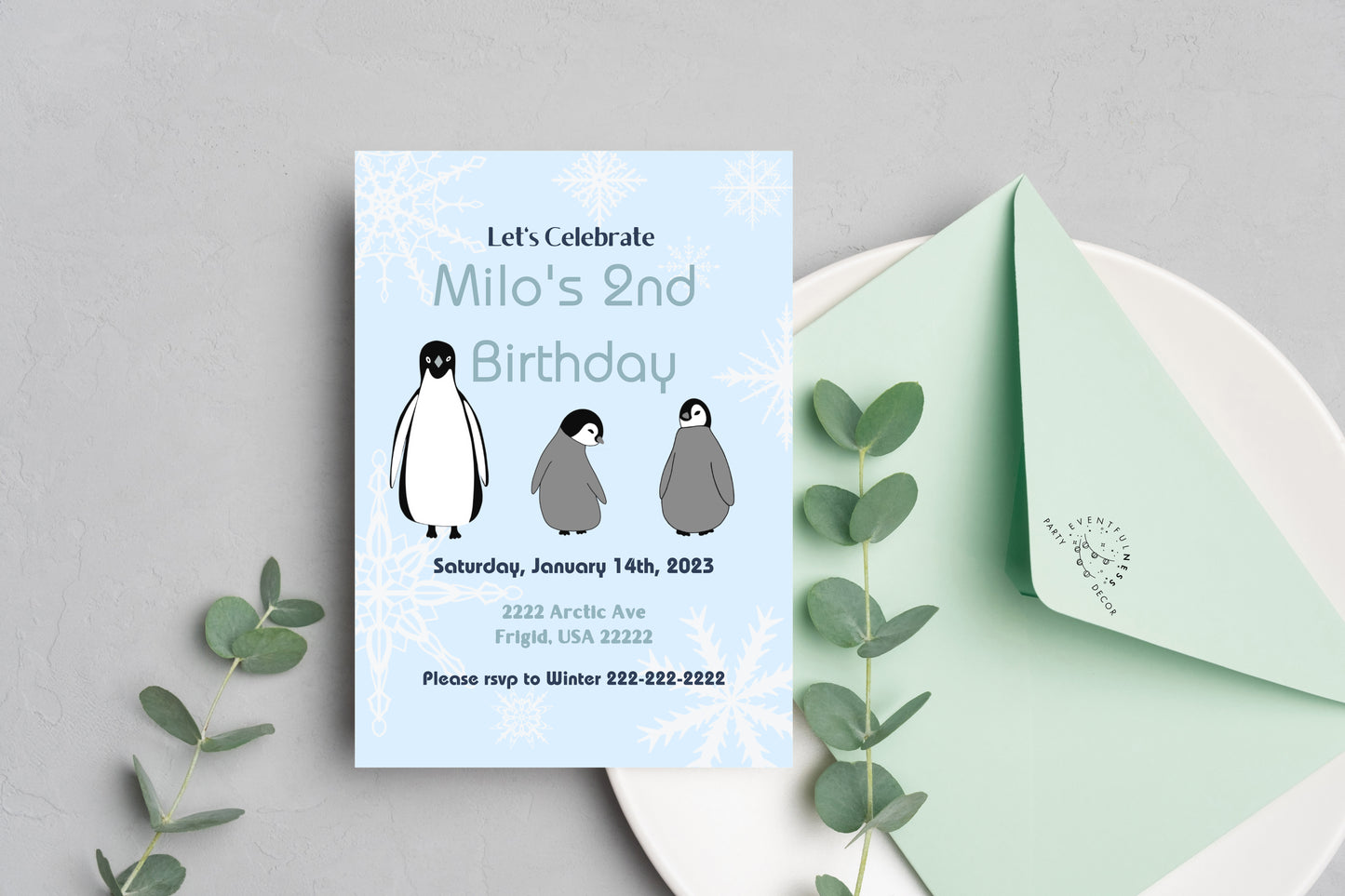 Blue Penguin Party Invitation | Penguin Party | Penguin Birthday | Penguin Baby Shower | Winter Party | Snowflakes