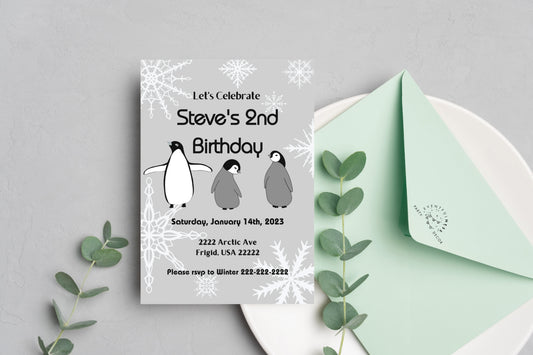 Grey Penguin Party Invitation | Penguin Party | Penguin Birthday | Penguin Baby Shower | Winter Party | Snowflakes