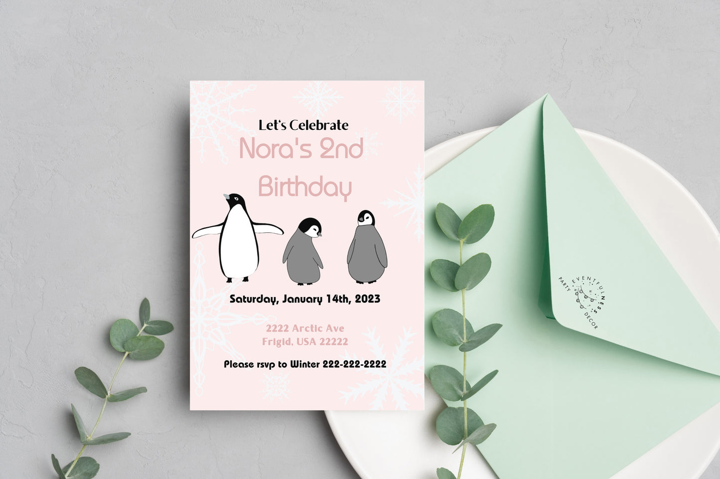 Pink Penguin Party Invitation | Penguin Party | Penguin Birthday | Penguin Baby Shower | Winter Party | Snowflakes