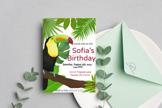 Toucan Party Invitation | Jungle | Digital Party Invite | Birthday| Shower| Tropical Birds | Birthday| Luau | Toucan | Leaves| Rainforest