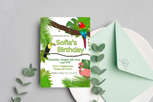 Tropical Bird Invitation | Jungle | Luau | Digital Party Invite |Toucan | Birthday| Shower| Parrot| Flamingo Party| Rainforest Birds| Leaves