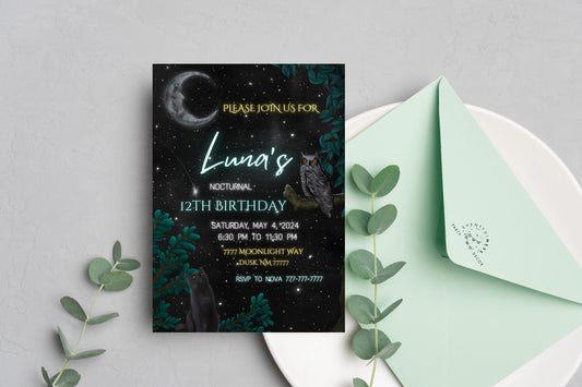 Nocturnal Party Invitation | Night Time Party | Night Forest |Sleepover | Forest | Stary Night| Halloween| Stars| Moon| Magical | Twilight