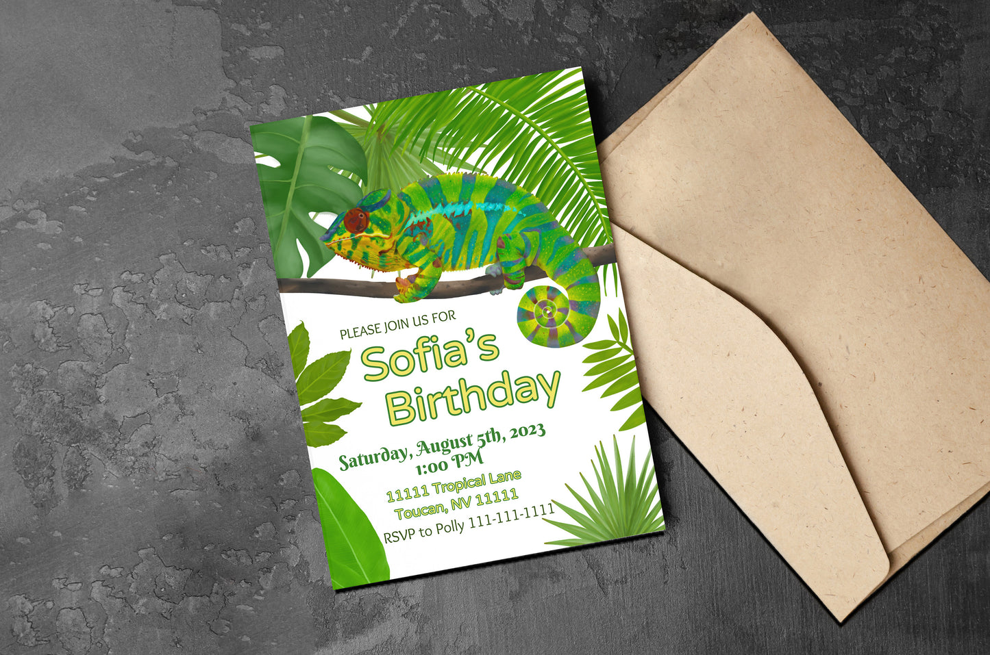 Chameleon Party Invitation | Rainforest | Digital Party Invite | Birthday| Shower| Tropical Animals | Birthday| Luau | Jungle | Leaves