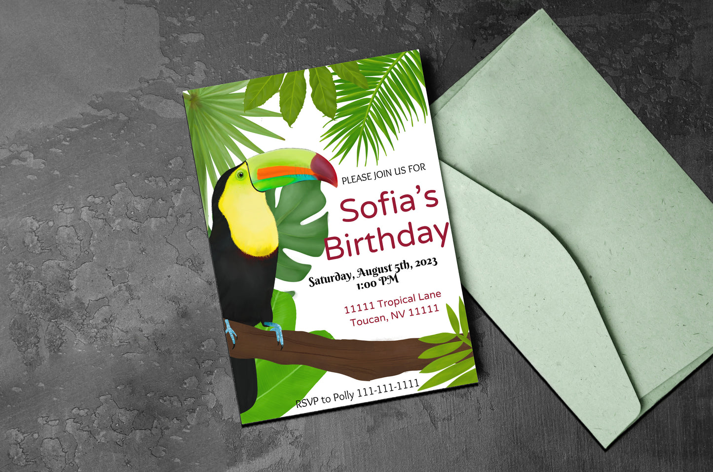 Toucan Party Invitation | Jungle | Digital Party Invite | Birthday| Shower| Tropical Birds | Birthday| Luau | Toucan | Leaves| Rainforest