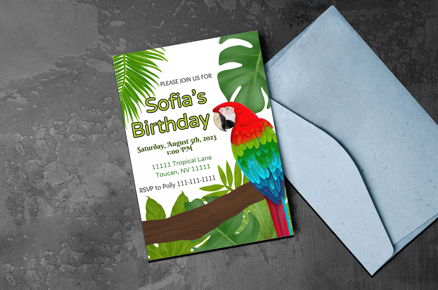 Parrot Party Invitation | Rainforest | Digital Party Invite | Birthday| Shower| Tropical Birds | Parrot Birthday| Luau | Jungle | Leaves