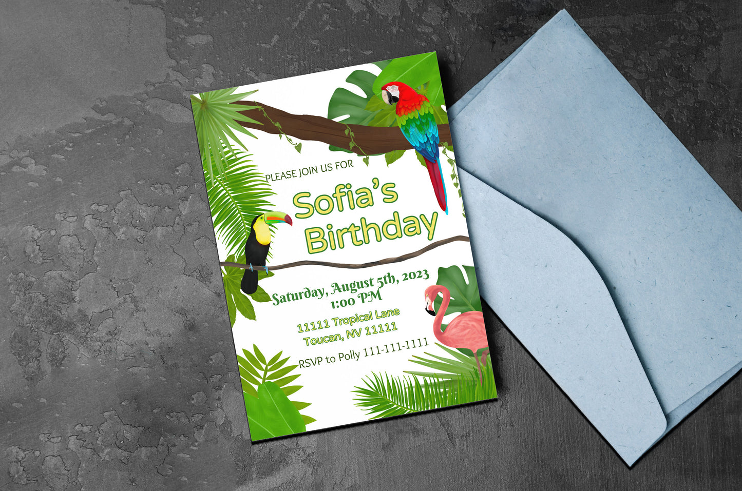 Tropical Bird Invitation | Jungle | Luau | Digital Party Invite |Toucan | Birthday| Shower| Parrot| Flamingo Party| Rainforest Birds| Leaves