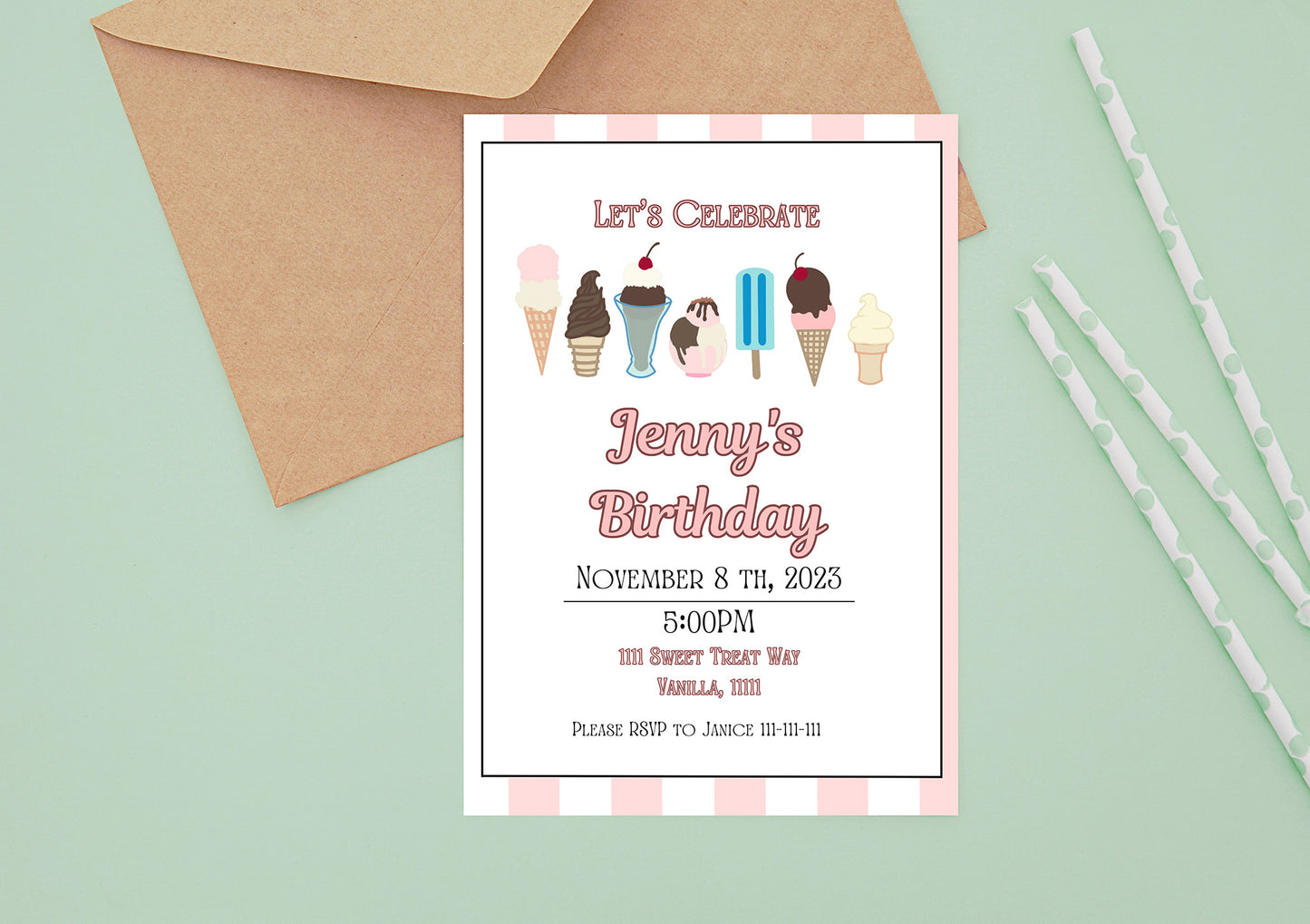 Pink Ice Cream Party Invitation | Ice Cream Party | Sprinkles | Ice Cream Birthday | Ice Cream Invitation