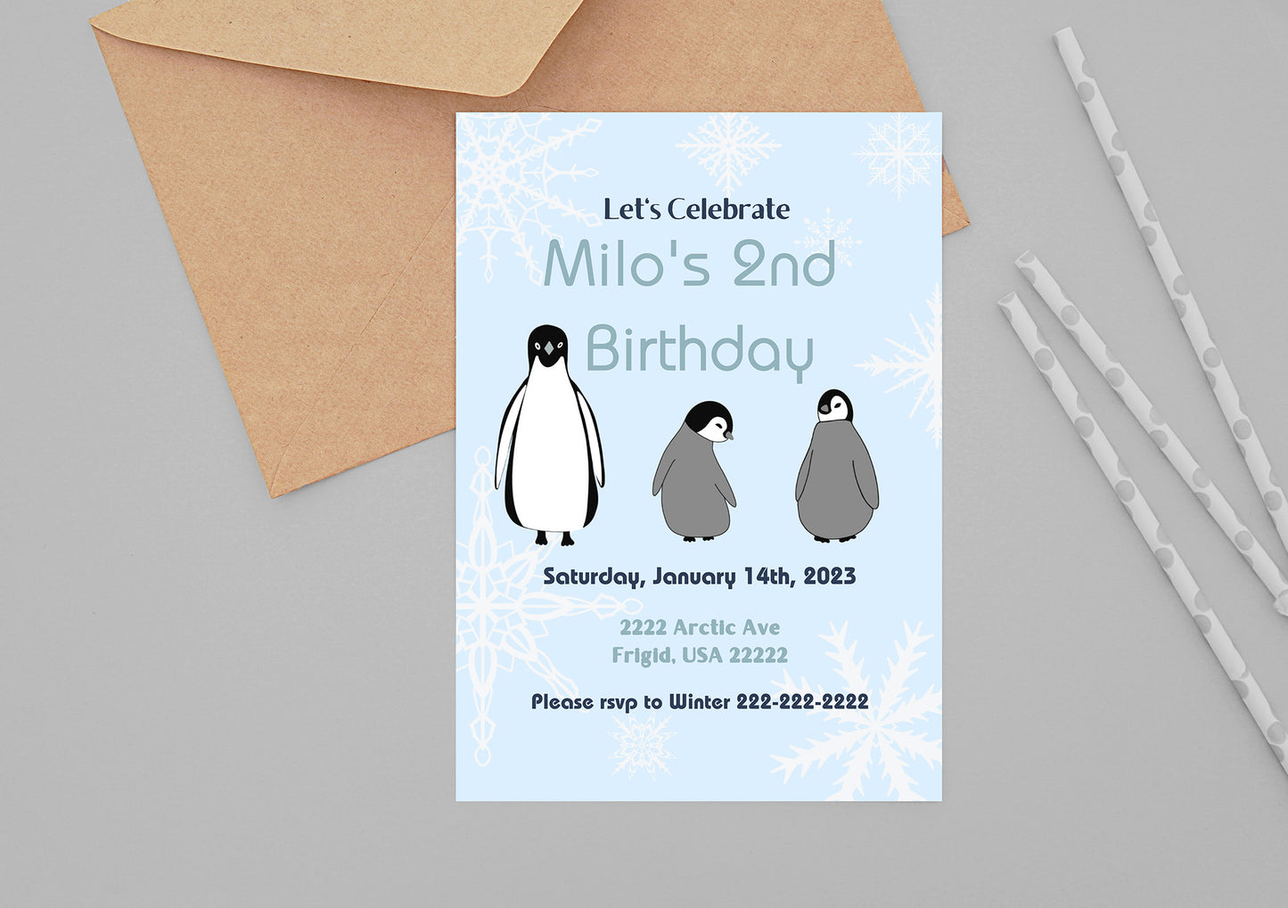 Blue Penguin Party Invitation | Penguin Party | Penguin Birthday | Penguin Baby Shower | Winter Party | Snowflakes