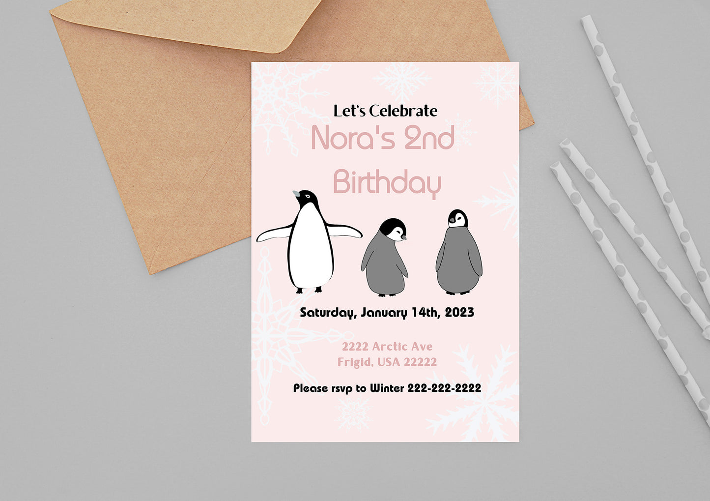 Pink Penguin Party Invitation | Penguin Party | Penguin Birthday | Penguin Baby Shower | Winter Party | Snowflakes