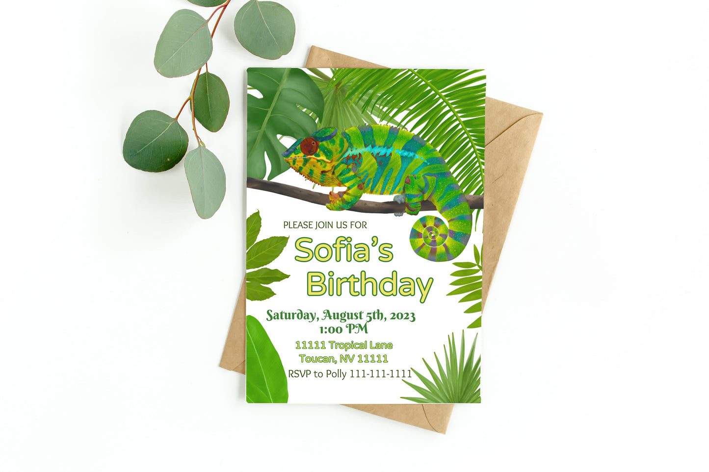 Chameleon Party Invitation | Rainforest | Digital Party Invite | Birthday| Shower| Tropical Animals | Birthday| Luau | Jungle | Leaves