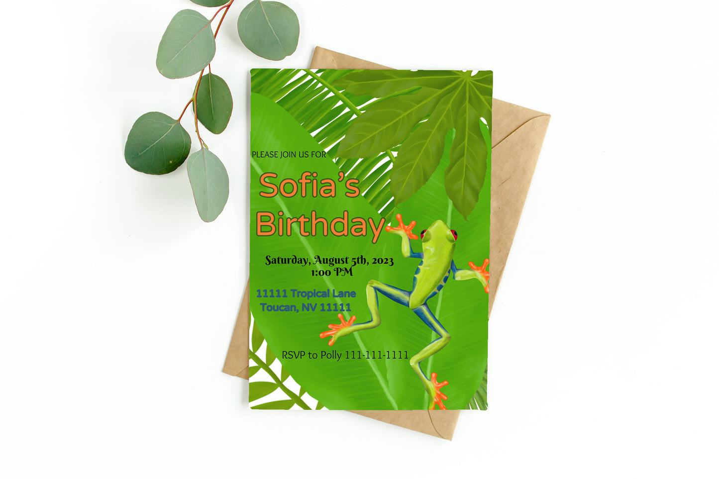 Frog Party Invitation | Jungle | Digital Party Invite | Birthday| Shower| Tropical Creatures | Birthday| Luau | Frog | Leaves| Boys Birthday