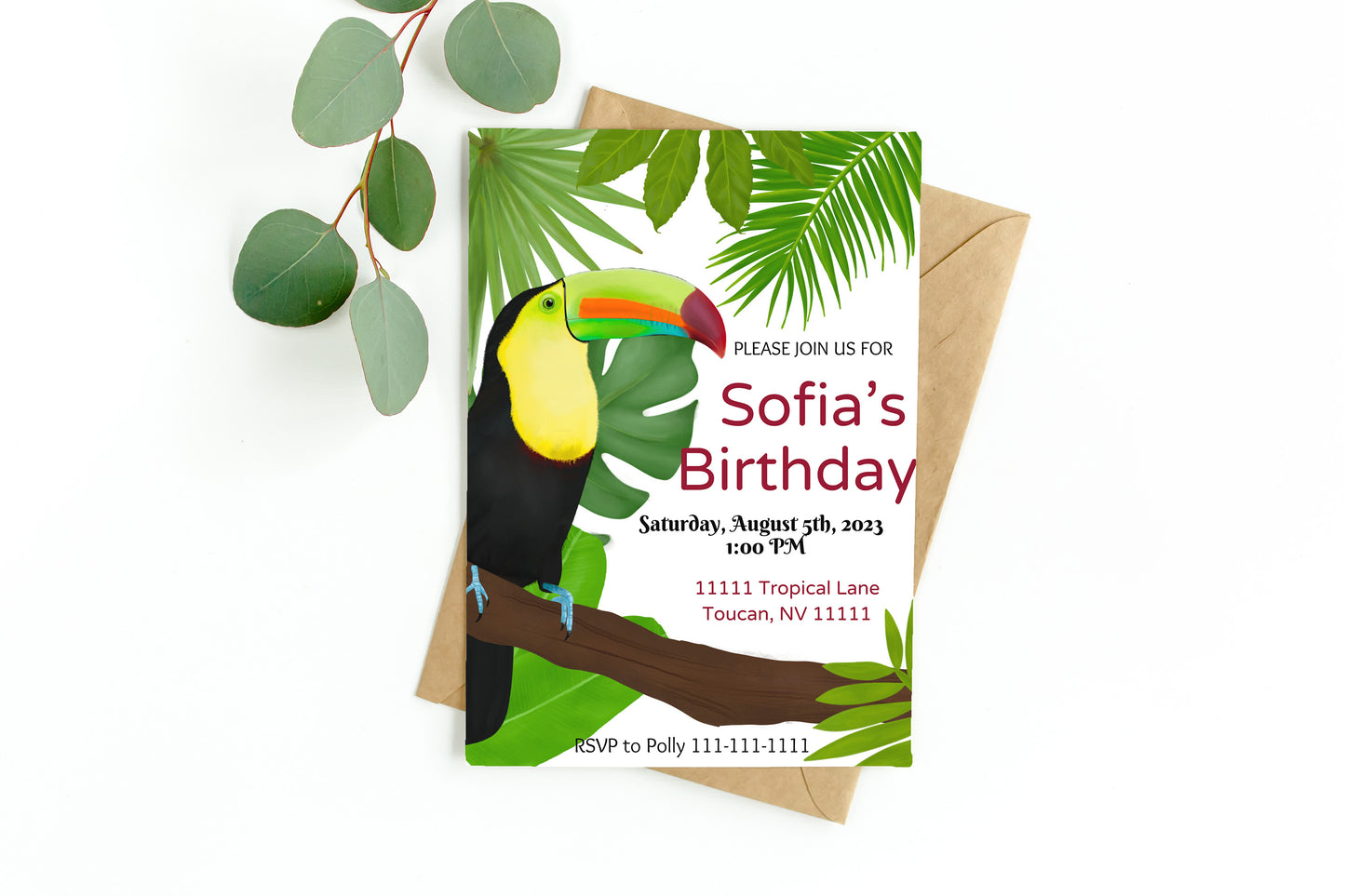 Toucan Party Invitation | Jungle | Digital Party Invite | Birthday| Shower| Tropical Birds | Birthday| Luau | Toucan | Leaves| Rainforest