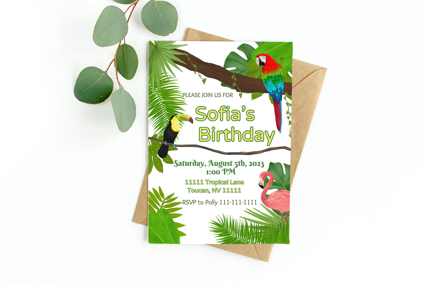 Tropical Bird Invitation | Jungle | Luau | Digital Party Invite |Toucan | Birthday| Shower| Parrot| Flamingo Party| Rainforest Birds| Leaves