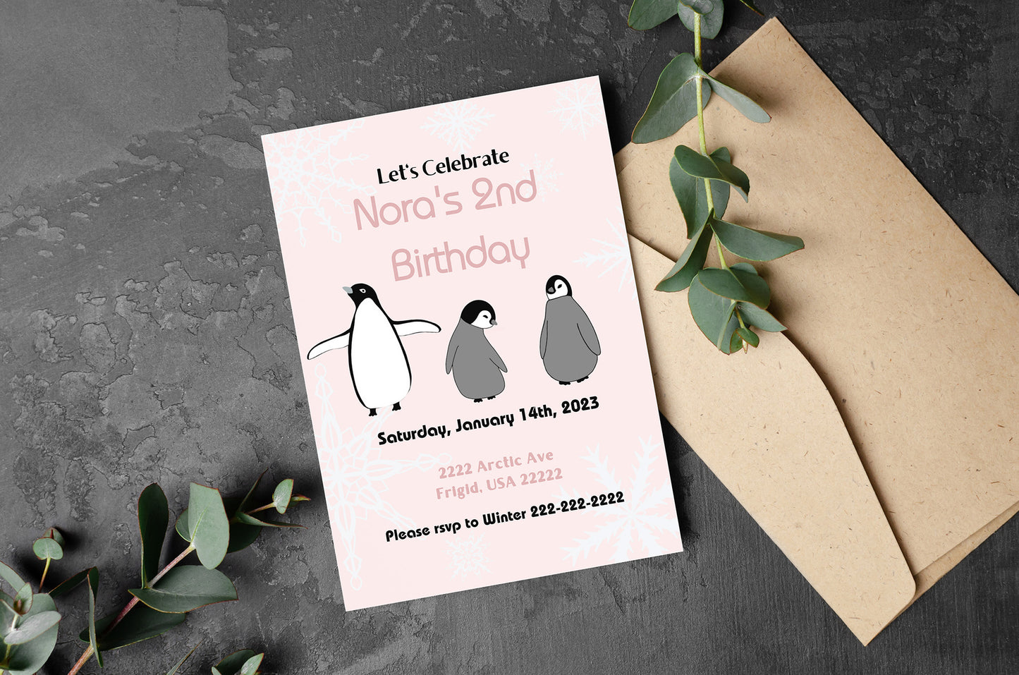 Pink Penguin Party Invitation | Penguin Party | Penguin Birthday | Penguin Baby Shower | Winter Party | Snowflakes