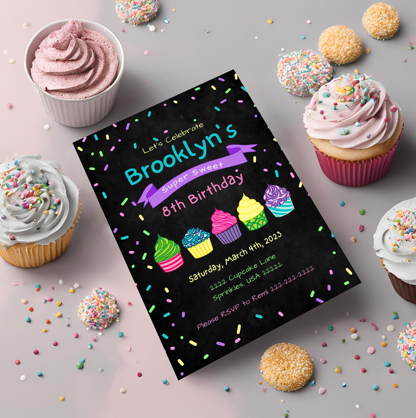 Dark Cupcake Party Invitation | Cupcake Invite | Cupcake Birthday | Sprinkles | Cupcake Party