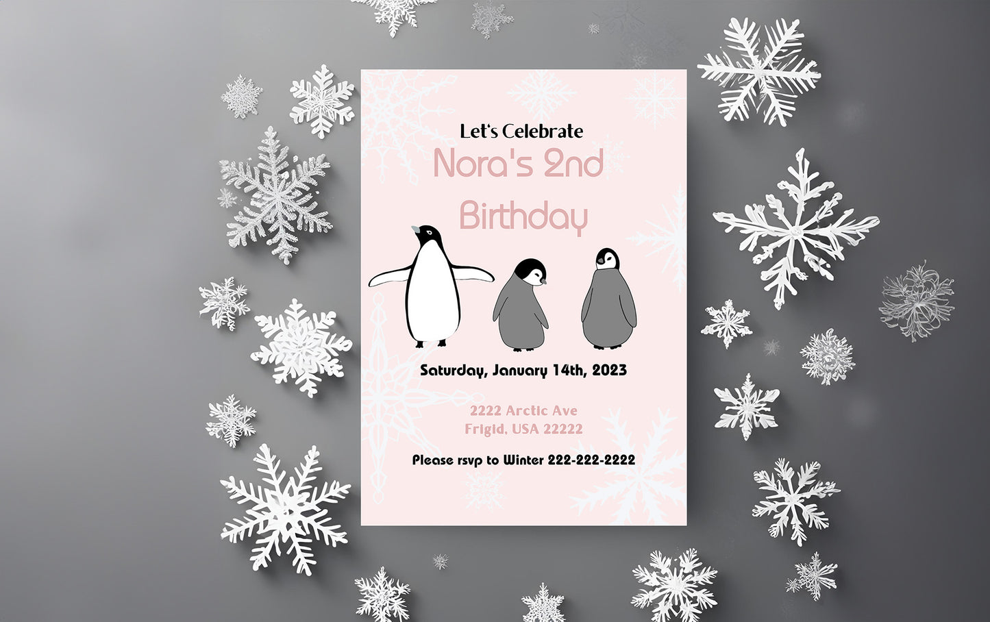 Pink Penguin Party Invitation | Penguin Party | Penguin Birthday | Penguin Baby Shower | Winter Party | Snowflakes