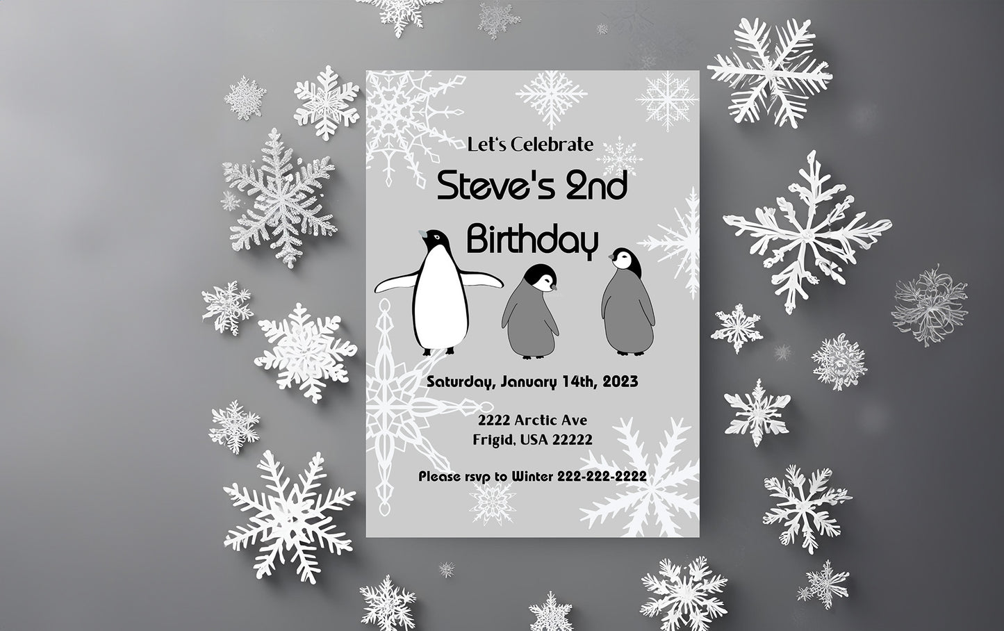 Grey Penguin Party Invitation | Penguin Party | Penguin Birthday | Penguin Baby Shower | Winter Party | Snowflakes